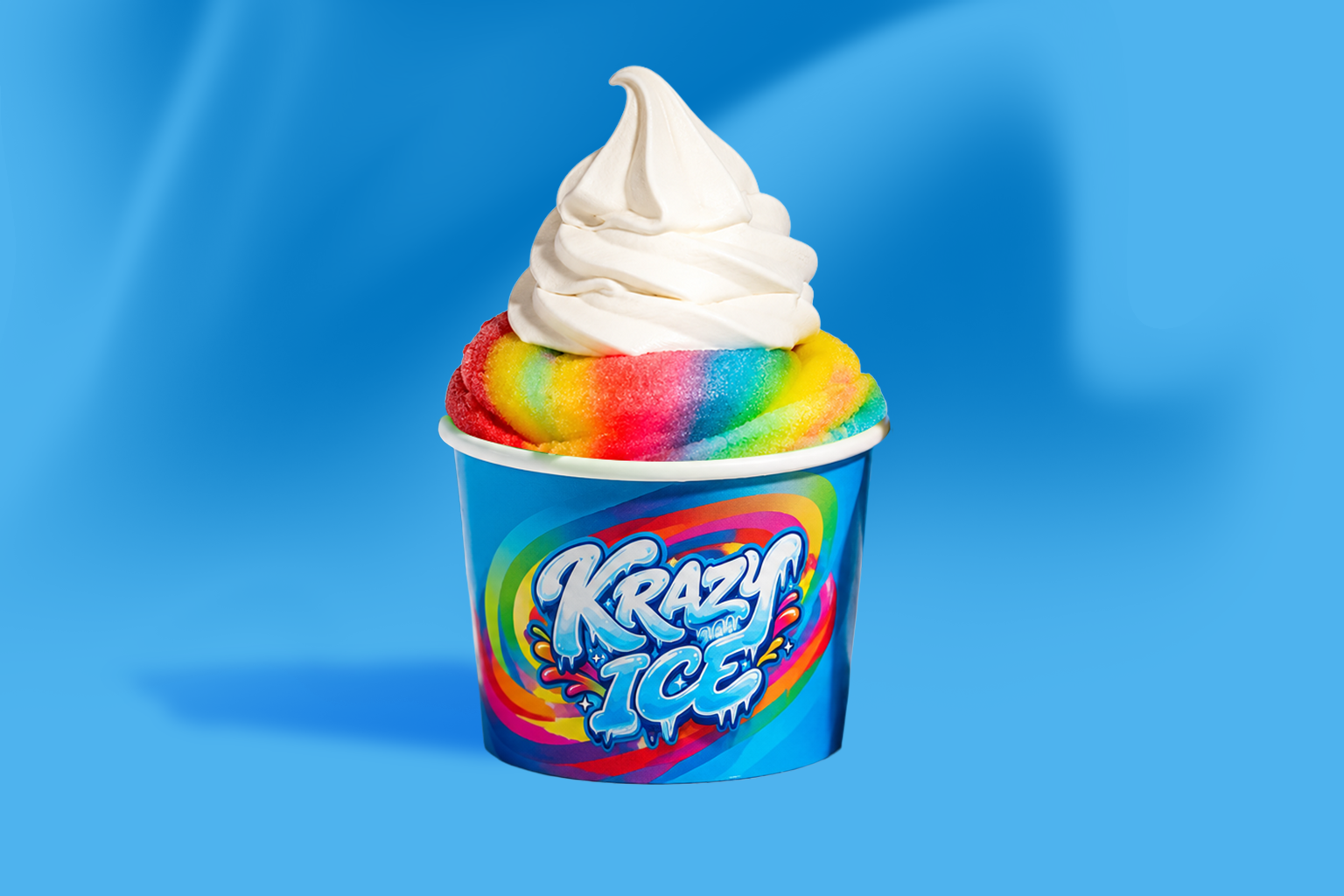 A vibrant rainbow Krazy Ice cup topped with creamy soft-serve