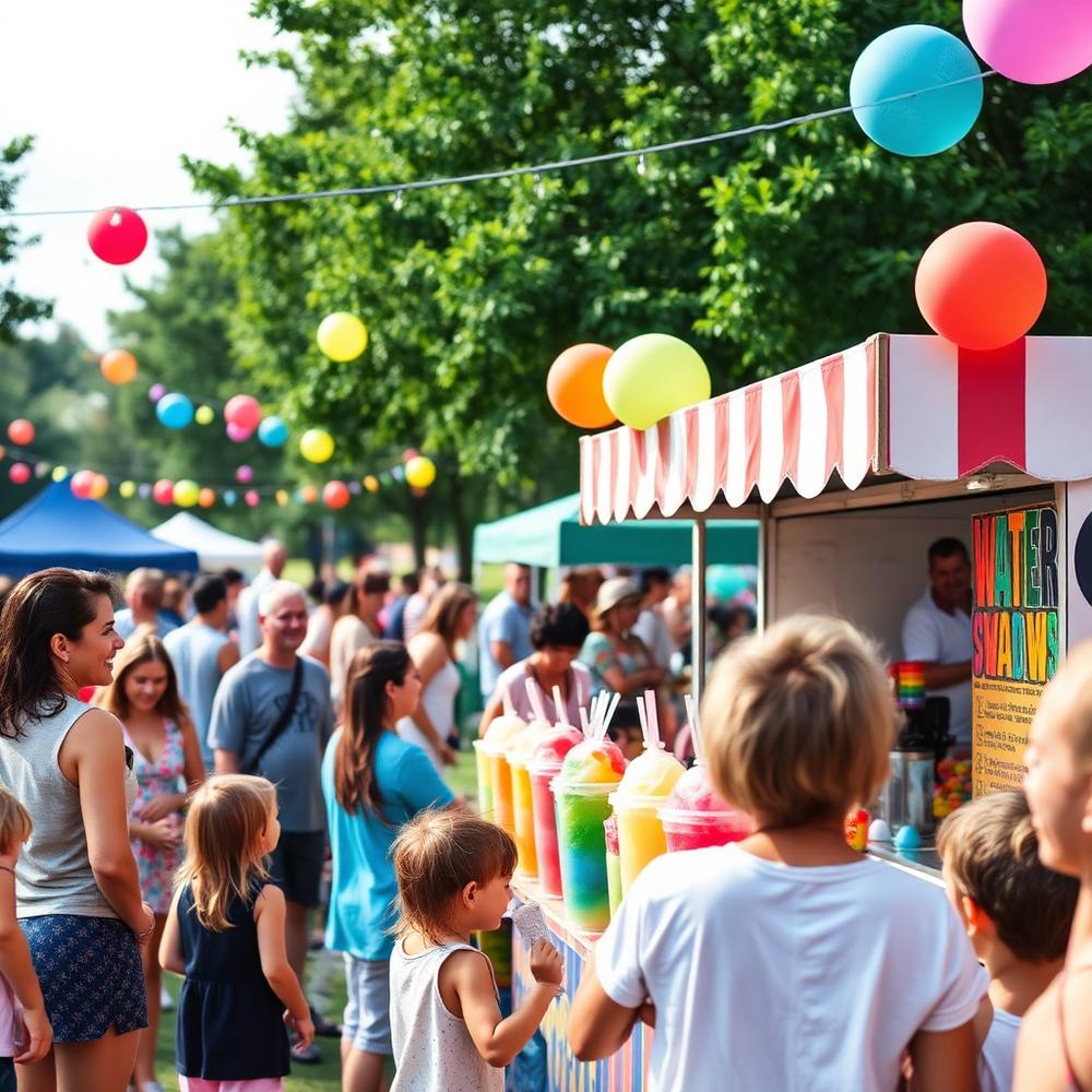 Community festival crowd at a colorful frozen dessert stand