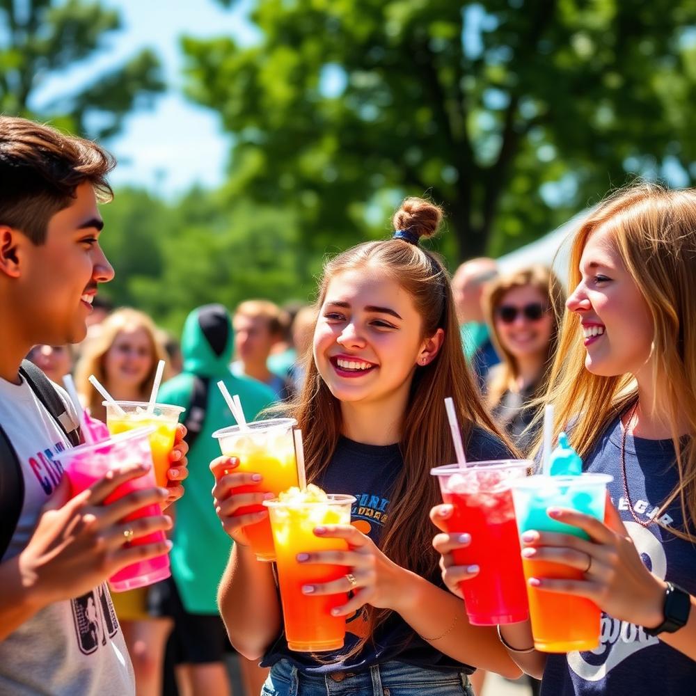 High school students enjoying colorful water ice cups