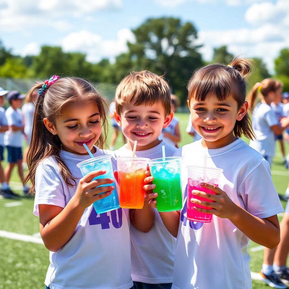 Young athletes cooling off with frozen water ice at a tournament
