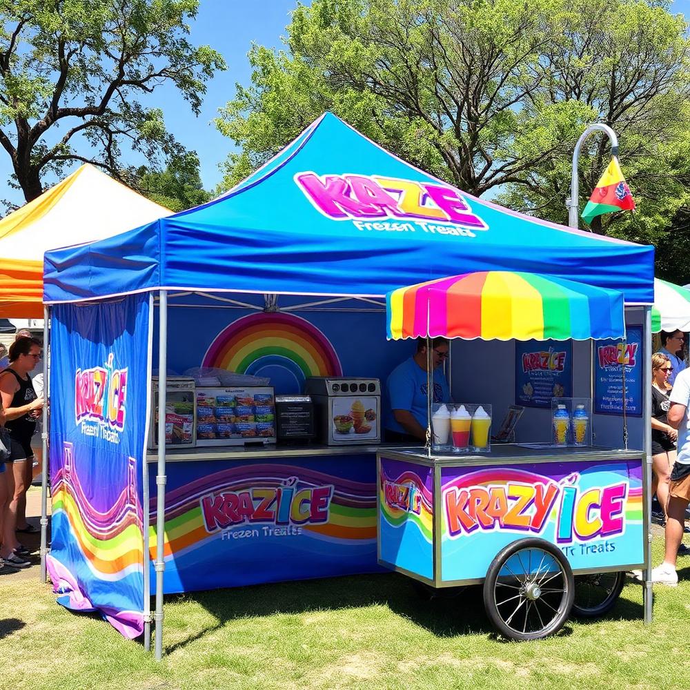 Branded Krazy Ice catering tent and cart at an outdoor event